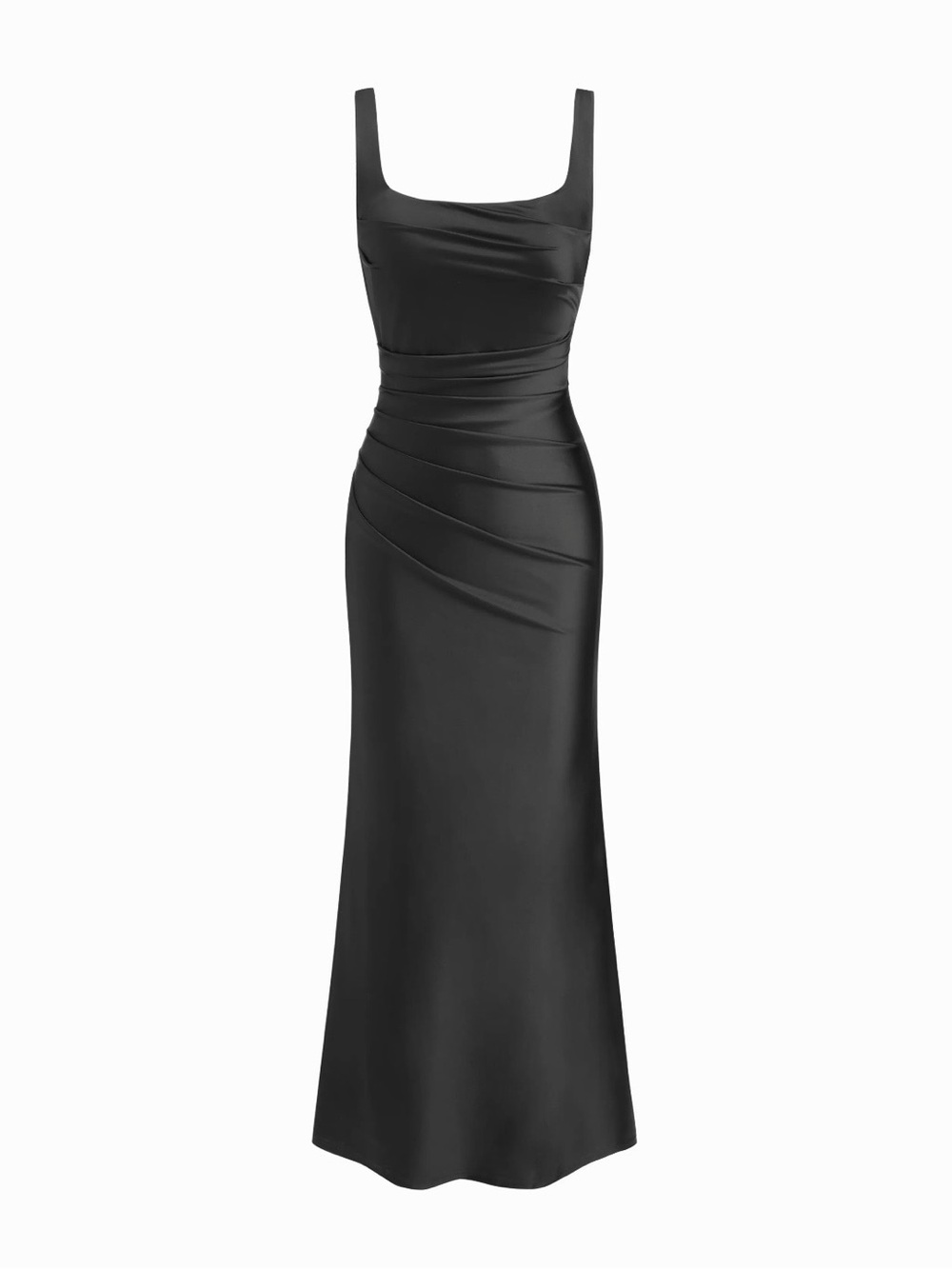 NWT Cider Black Satin Square-Neck Ruched Mermaid Dress | Women | L